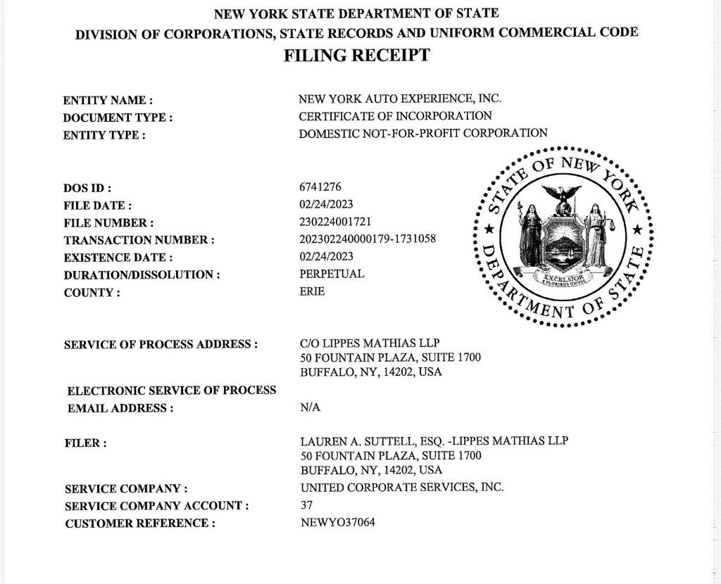 NYS Certificate of Incorporation (Filing Receipt)